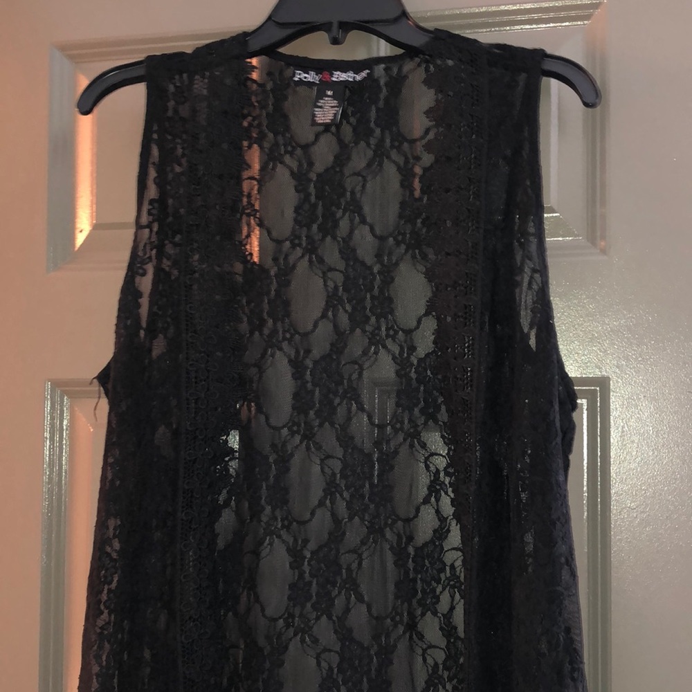 Woman Sheer Lace Sleeveless Duster (Coverup)